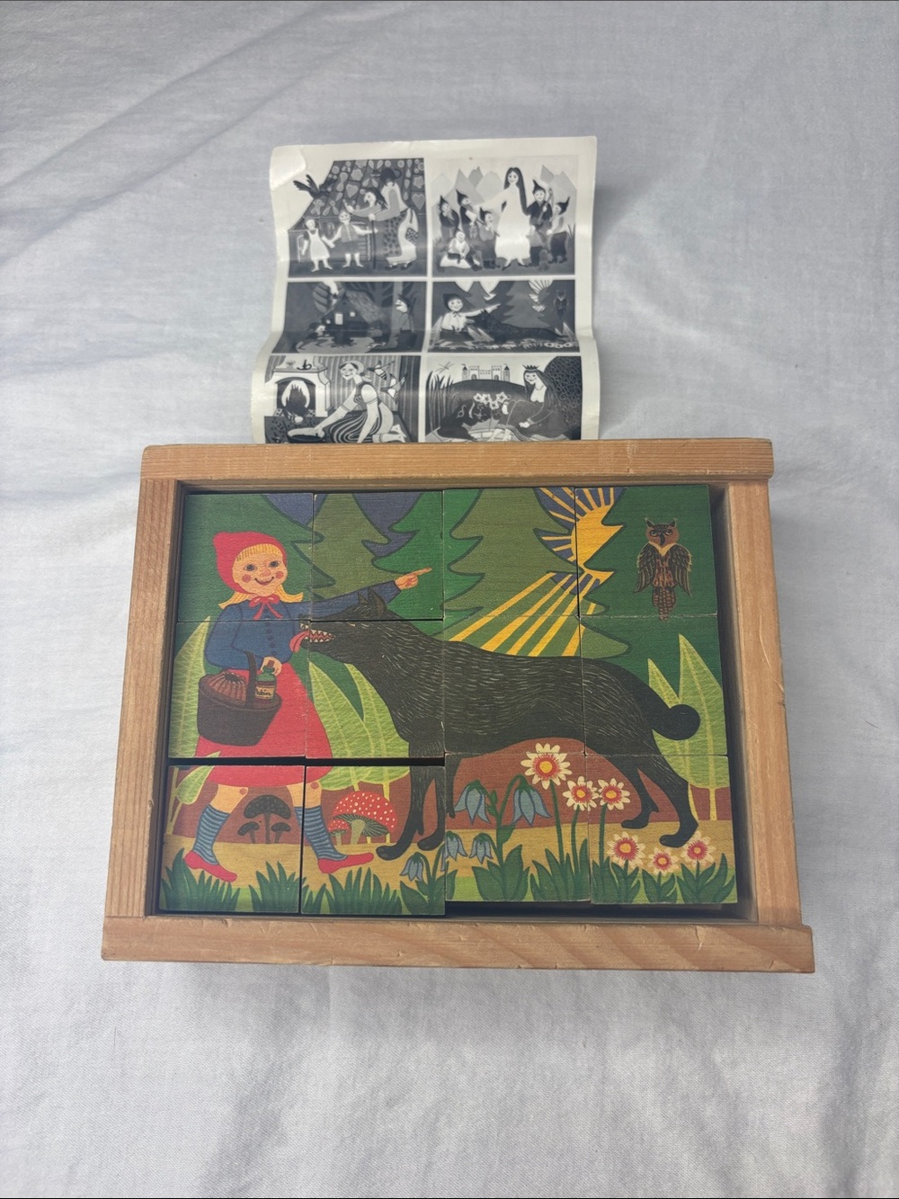 Vintage Klötzli wood puzzle Switzerland Hansel Gretel Atelier Fischer cube 6 in
